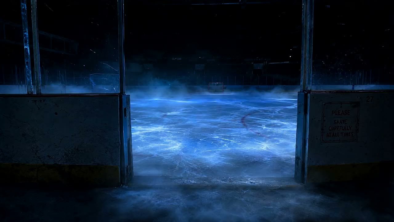 View from outside the boards through an open rink entrance toward glowing ice